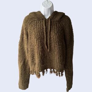 Fashion on Earth L Boho Cropped Hoodie Brown Olive Fringe Hem Y2K Chunky Knit